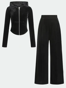 SHEIN 青少年女孩/小女孩秋冬休閒街頭風針織天鵝絨連帽收腰水鑽後背夾克與長褲套裝，日常出遊、返校穿著，黑色夾克套裝 - 黑色 - 查看 5