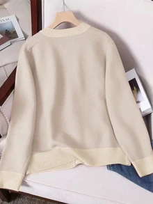 Resyla Women's Round Neck Long Sleeve Knitted Sweater Regular Cardigan, Autumn/Winter - Apricot - View 2