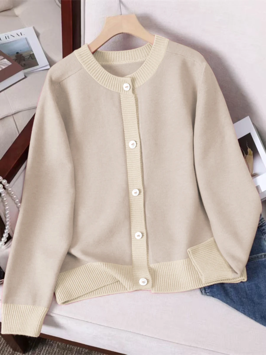 Resyla Women's Round Neck Long Sleeve Knitted Sweater Regular Cardigan, Autumn/Winter - Apricot - View 1