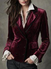Breezaya Burgundy Velvet Double Breasted Blazer Contrast Black Trim Fitted Short Jacket For Commute Party Retro Fall Winter Wear - Burgundy - View 4