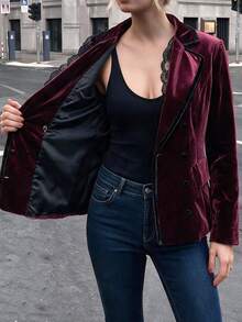 Breezaya Burgundy Velvet Double Breasted Blazer Contrast Black Trim Fitted Short Jacket For Commute Party Retro Fall Winter Wear - Burgundy - View 2