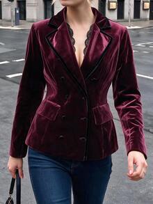 Breezaya Burgundy Velvet Double Breasted Blazer Contrast Black Trim Fitted Short Jacket For Commute Party Retro Fall Winter Wear - Burgundy - View 5