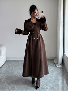 Elenzga Women's Vintage Button Waist-Cinched Elegant Long Sleeve Jacket - Apricot - View 4