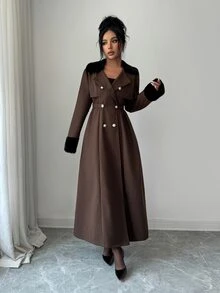 Elenzga Women's Vintage Button Waist-Cinched Elegant Long Sleeve Jacket - Apricot - View 6
