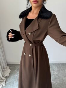Elenzga Women's Vintage Button Waist-Cinched Elegant Long Sleeve Jacket - Apricot - View 3