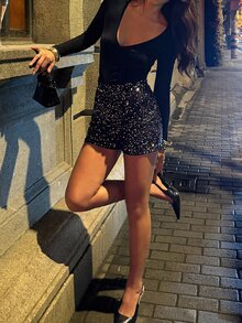 DAZY Autumn/Winter Black Sequin Shiny High Waist Party Nightclub Banquet Date Wedding Luxury Shorts - Black - View 2