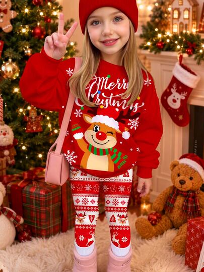 Merry Christmas, Young Girl Casual Cute Adorable Christmas Reindeer Pattern, Christmas Fair Isle, Festive Christmas Red Crew Neck Fleece Lined Long Sleeve Sweatshirt And Leggings 2 Pieces Set Suitable For Autumn/Winter, Christmas Sets, Fall Style, Cute