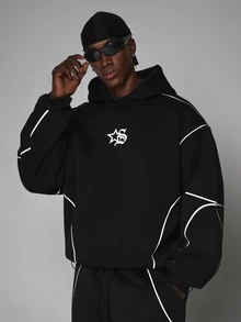 STYNVO Men's Star Print Hoodie And Colorblock Drawstring Waist Long Pants Set - Black - View 3