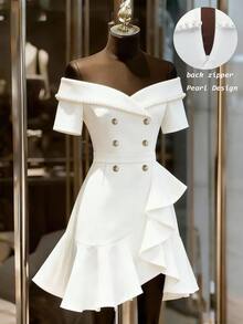 Franclia White,Summer,Elegant,Party Women's Dress,French-Style Off-The-Shoulder Beaded Asymmetrical Ruffled Hem Short Sleeve Casual Business Office Work Wear - White - View 5