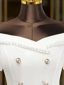 Franclia White,Summer,Elegant,Party Women's Dress,French-Style Off-The-Shoulder Beaded Asymmetrical Ruffled Hem Short Sleeve Casual Business Office Work Wear - White - View 7