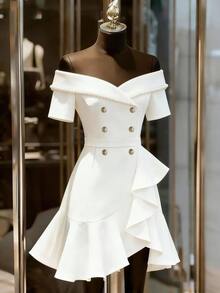 Franclia White,Summer,Elegant,Party Women's Dress,French-Style Off-The-Shoulder Beaded Asymmetrical Ruffled Hem Short Sleeve Casual Business Office Work Wear - White - View 3