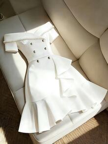 Franclia White,Summer,Elegant,Party Women's Dress,French-Style Off-The-Shoulder Beaded Asymmetrical Ruffled Hem Short Sleeve Casual Business Office Work Wear - White - View 1