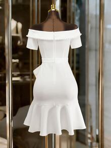 Franclia White,Summer,Elegant,Party Women's Dress,French-Style Off-The-Shoulder Beaded Asymmetrical Ruffled Hem Short Sleeve Casual Business Office Work Wear - White - View 2