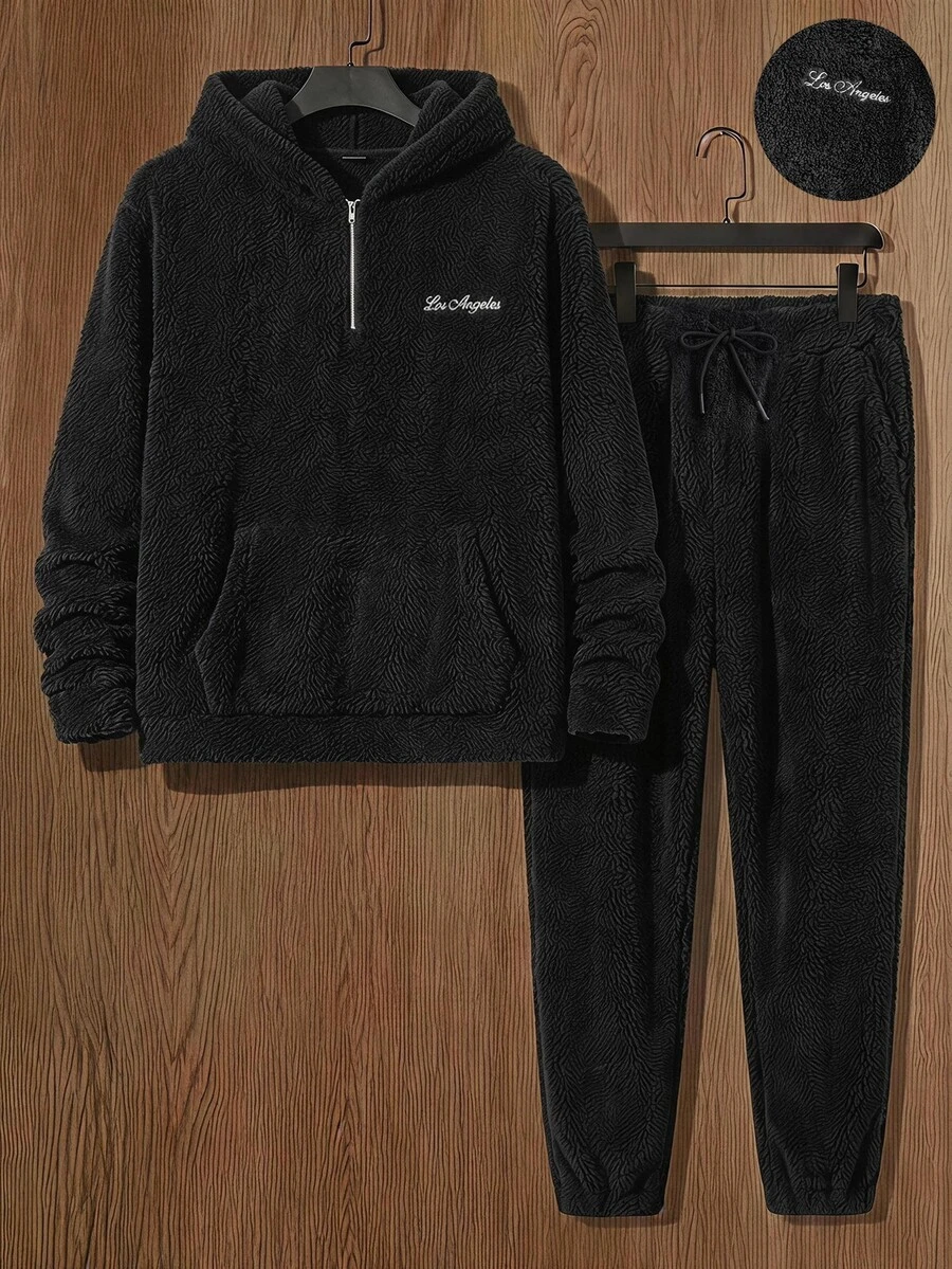 SWAVVY Men's Letter Embroidery Half-Zip Hoodie And Pants Casual Set - Black - View 1