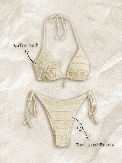 Elavelle Women's Summer Solid Color Jacquard Fabric Halter Neck Sexy Bikini Set