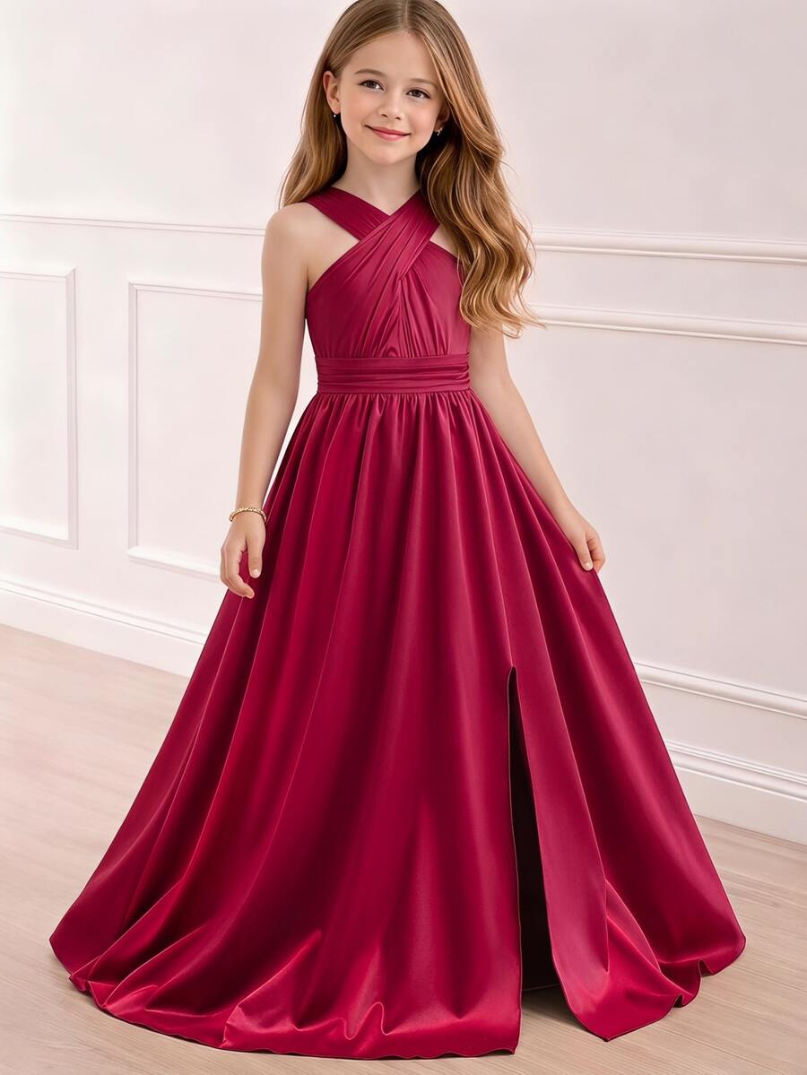Tween Girls' Elegant Minimalist Fashion One-Shoulder Sleeveless One-Side Asymmetrical Shoulder - Burgundy - View 1