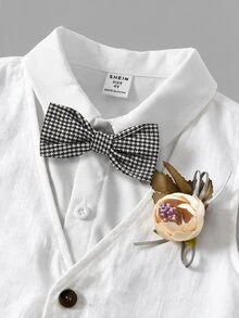 SHEIN 小男孩3件套西裝：卡其色背心、鬆緊腰長褲、領結與長袖襯衫，紳士風，適合春夏/秋冬兒童 - 白色 - 查看 8