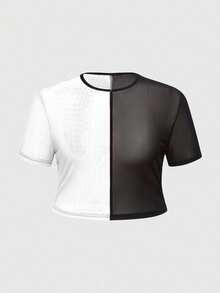 ROMWE Grunge Punk Black & White Mesh Patchwork Crew Neck Short Sleeve Cropped Fitted T-Shirt For Plus Size Women,Back To School - Black and White - View 3