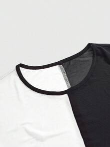 ROMWE Grunge Punk Black & White Mesh Patchwork Crew Neck Short Sleeve Cropped Fitted T-Shirt For Plus Size Women,Back To School - Black and White - View 5