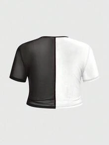 ROMWE Grunge Punk Black & White Mesh Patchwork Crew Neck Short Sleeve Cropped Fitted T-Shirt For Plus Size Women,Back To School - Black and White - View 4