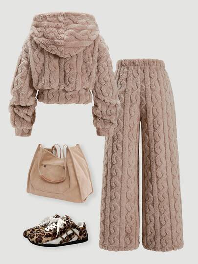 SHEIN Sparklyn Conjunto de 2 piezas para niñas preadolescentes, top de manga larga con capucha de felpa holgado y casual de moda & pantalones holgados casuales, adecuado para uso diario, ocio, vacaciones, reuniones con hermanas, estilo callejero