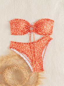 SHEIN Swim 女士夏季新款性感简约印花系带露背比基尼套装，适合海滩度假 - 彩色 - 查看 6