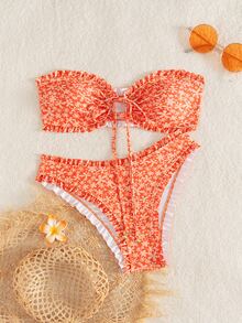 SHEIN Swim 女士夏季新款性感简约印花系带露背比基尼套装，适合海滩度假 - 彩色 - 查看 4