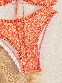 SHEIN Swim 女士夏季新款性感简约印花系带露背比基尼套装，适合海滩度假 - 彩色 - 查看 7