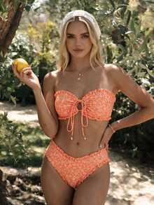 SHEIN Swim 女士夏季新款性感简约印花系带露背比基尼套装，适合海滩度假 - 彩色 - 查看 8