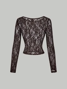 SHEIN MOD 2pcs Sheer Lace Long Sleeve T-Shirts - Apricot - View 8
