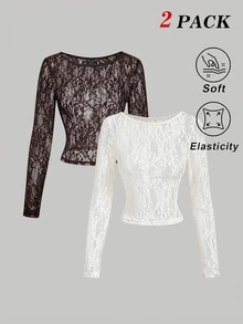SHEIN MOD 2pcs Sheer Lace Long Sleeve T-Shirts - Apricot - View 1