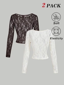 SHEIN MOD 2pcs Sheer Lace Long Sleeve T-Shirts - Apricot - View 2