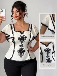 Elenzga Halloween Plus Size Women Floral Print Ruffle Hem Short Sleeve Fitted Blouse - Multicolor - View 1