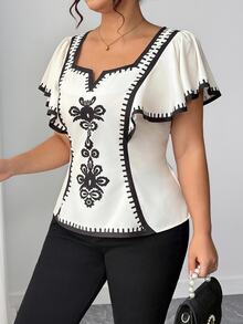 Elenzga Halloween Plus Size Women Floral Print Ruffle Hem Short Sleeve Fitted Blouse - Multicolor - View 2
