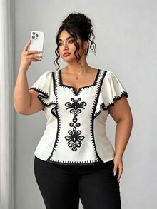 Elenzga Halloween Plus Size Women Floral Print Ruffle Hem Short Sleeve Fitted Blouse - Multicolor - View 5