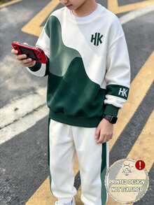 Tween Boys Sweatshirt Set Streetwear Graphic Baggy Green White Colorblock Letter Print Long Sleeve Loose Crew Neck Autumn School - Multicolor - View 4