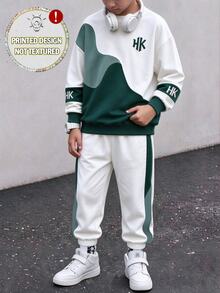 Tween Boys Sweatshirt Set Streetwear Graphic Baggy Green White Colorblock Letter Print Long Sleeve Loose Crew Neck Autumn School - Multicolor - View 3