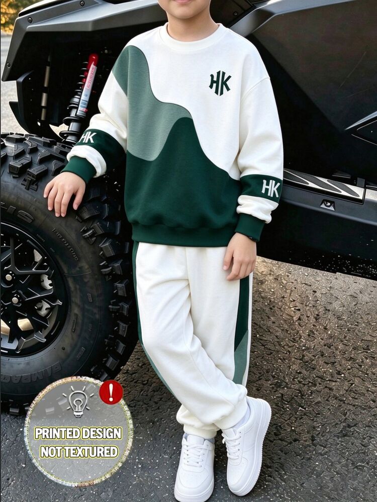Tween Boys Sweatshirt Set Streetwear Graphic Baggy Green White Colorblock Letter Print Long Sleeve Loose Crew Neck Autumn School - Multicolor - View 5