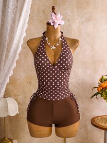 SHEIN Swim Women's Summer Casual Vacation Polka Dot Halter Top And Hipster Tankini Bottom Tankini Set - Coffee Brown - View 2