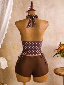 SHEIN Swim Women's Summer Casual Vacation Polka Dot Halter Top And Hipster Tankini Bottom Tankini Set - Coffee Brown - View 3