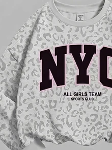 灰色調時尚豹紋運動風拼色 NYC 字母圖案女童休閒套裝，柔軟舒適寬鬆圓領套頭衛衣＋內搭褲 2 件組，適合秋冬日常、街頭、開學季，美式高街甜酷慵懶休閒風 - 白色 - 查看 5