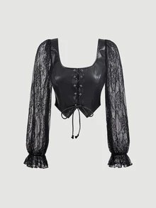 SHEIN MOD Women's 1pc Floral Lace Sheer Puff Sleeve Square Neck Lace Up Corset Cropped Slim Fit Black Coquette Sweet Gothic Blouse Top For Christmas Party Fall - Black - View 5