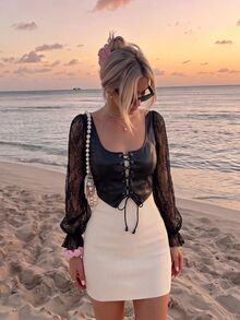 SHEIN MOD Women's 1pc Floral Lace Sheer Puff Sleeve Square Neck Lace Up Corset Cropped Slim Fit Black Coquette Sweet Gothic Blouse Top For Christmas Party Fall - Black - View 2