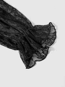 SHEIN MOD Women's 1pc Floral Lace Sheer Puff Sleeve Square Neck Lace Up Corset Cropped Slim Fit Black Coquette Sweet Gothic Blouse Top For Christmas Party Fall - Black - View 8