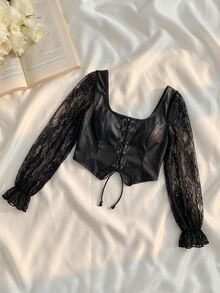 SHEIN MOD Women's 1pc Floral Lace Sheer Puff Sleeve Square Neck Lace Up Corset Cropped Slim Fit Black Coquette Sweet Gothic Blouse Top For Christmas Party Fall - Black - View 3