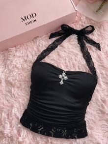 SHEIN MOD Women's Black, Form-Fitting Halter-Neck Tank Top Featuring An Open Back, Lace Trim, A Rhinestone Cross Motif, And Ruched Detailing. Blending Coquette - Black - View 2