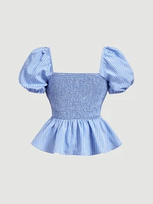 SHEIN MOD Women's Blue White Striped Square Neck Puff Short Sleeve Ruffle Peplum Blouse, Cute Fall Vacation Beach Going Out Top For Women, Autumn Holiday - Blue and White - View 6