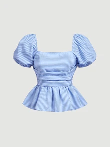 SHEIN MOD Women's Blue White Striped Square Neck Puff Short Sleeve Ruffle Peplum Blouse, Cute Fall Vacation Beach Going Out Top For Women, Autumn Holiday - Blue and White - View 5