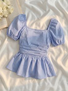 SHEIN MOD Women's Blue White Striped Square Neck Puff Short Sleeve Ruffle Peplum Blouse, Cute Fall Vacation Beach Going Out Top For Women, Autumn Holiday - Blue and White - View 4