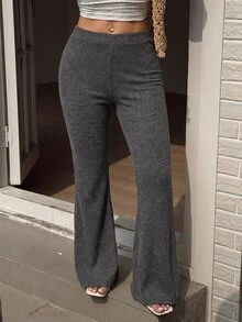 SHEIN MOD 女款 1 件深灰色羅紋針織高腰修身喇叭長褲，甜美可愛優雅基本休閒款，適合秋冬冬季聖誕派對居家穿著 - 灰色 - 查看 3